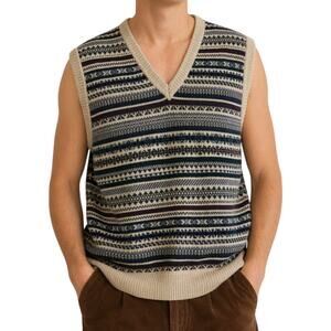 Vtg Fair Isle Wool Blend Sweater Vest V-Neck Grandpacore Academia Men's Large